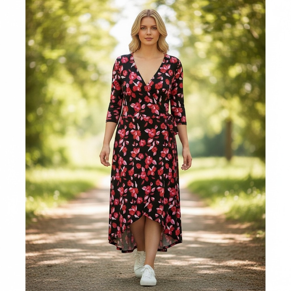 Cato Womens Plus 22/24W Floral High-Low Faux Wrap Dress Black Red Pink Pockets